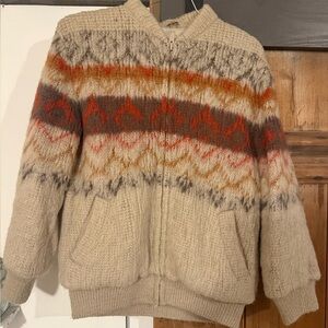 Vintage Men's Beige and Multicolor Patterned Sweater Jacket with Zipper.